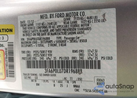 2013 Ford Fusion Hybrid Se from USA, damaged, VIN 3FA6P0LU7DR196888